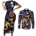 Custom Lions Football NAIDOC Week 2024 Couples Matching Short Sleeve Bodycon Dress and Long Sleeve Button Shirt Fire Burning Aboriginal Dots Art