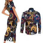 Custom Lions Football NAIDOC Week 2024 Couples Matching Short Sleeve Bodycon Dress and Long Sleeve Button Shirt Fire Burning Aboriginal Dots Art