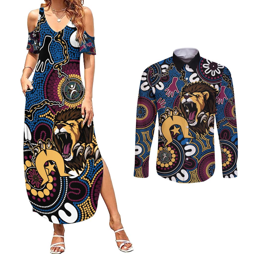Custom Lions Football NAIDOC Week 2024 Couples Matching Summer Maxi Dress and Long Sleeve Button Shirt Fire Burning Aboriginal Dots Art