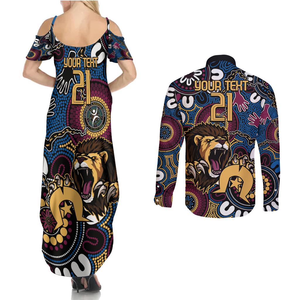 Custom Lions Football NAIDOC Week 2024 Couples Matching Summer Maxi Dress and Long Sleeve Button Shirt Fire Burning Aboriginal Dots Art
