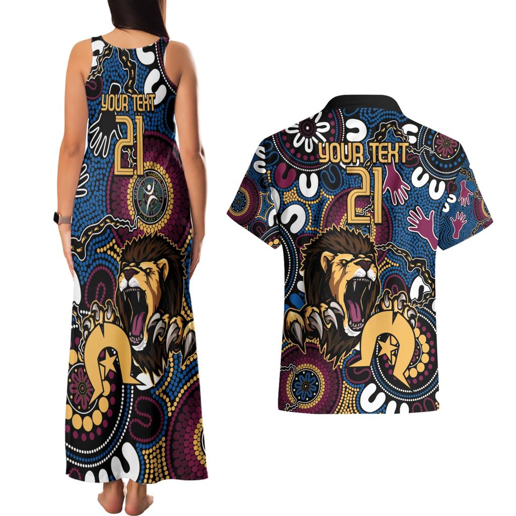 Custom Lions Football NAIDOC Week 2024 Couples Matching Tank Maxi Dress and Hawaiian Shirt Fire Burning Aboriginal Dots Art