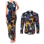 Custom Lions Football NAIDOC Week 2024 Couples Matching Tank Maxi Dress and Long Sleeve Button Shirt Fire Burning Aboriginal Dots Art