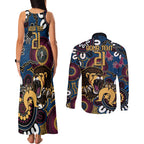 Custom Lions Football NAIDOC Week 2024 Couples Matching Tank Maxi Dress and Long Sleeve Button Shirt Fire Burning Aboriginal Dots Art