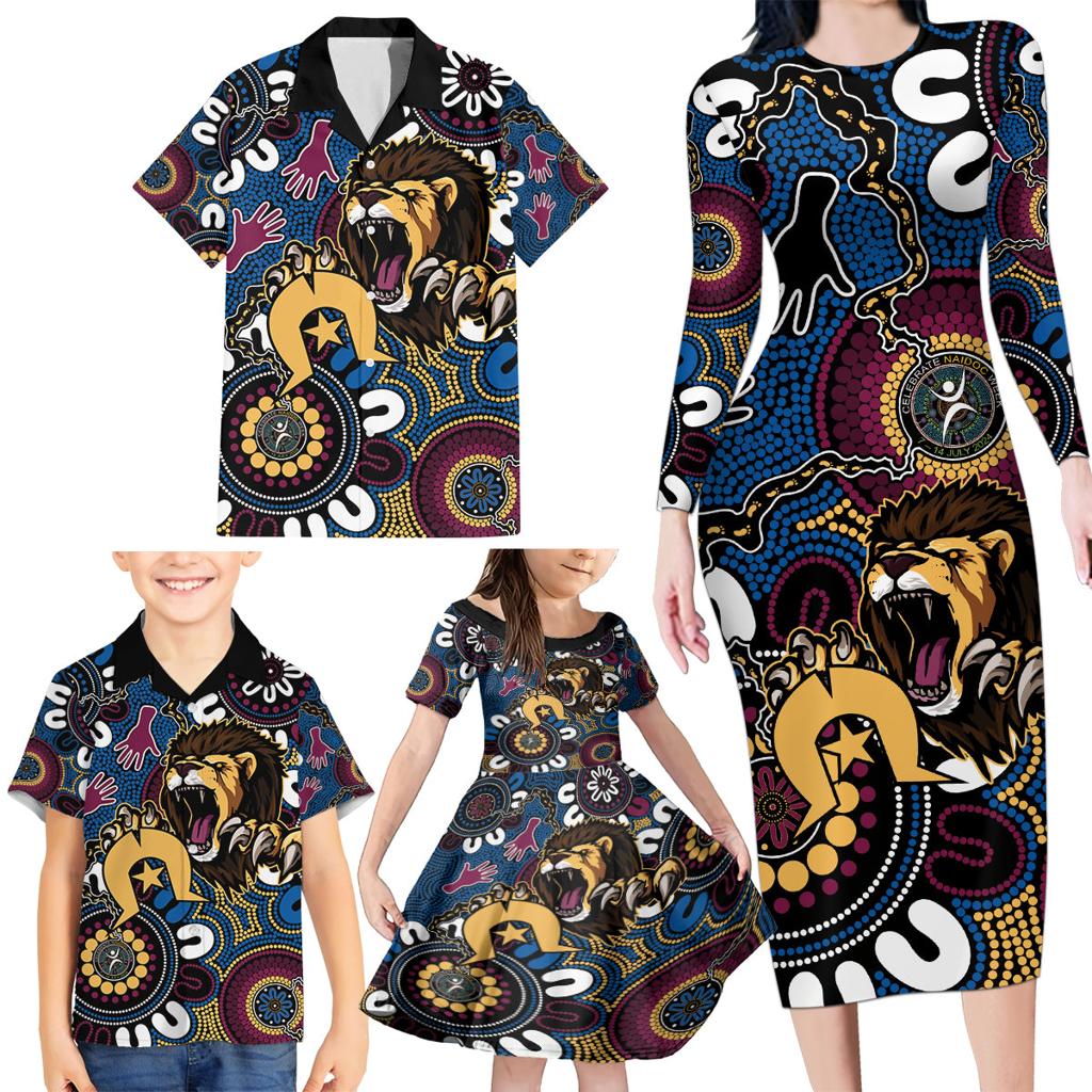 Custom Lions Football NAIDOC Week 2024 Family Matching Long Sleeve Bodycon Dress and Hawaiian Shirt Fire Burning Aboriginal Dots Art