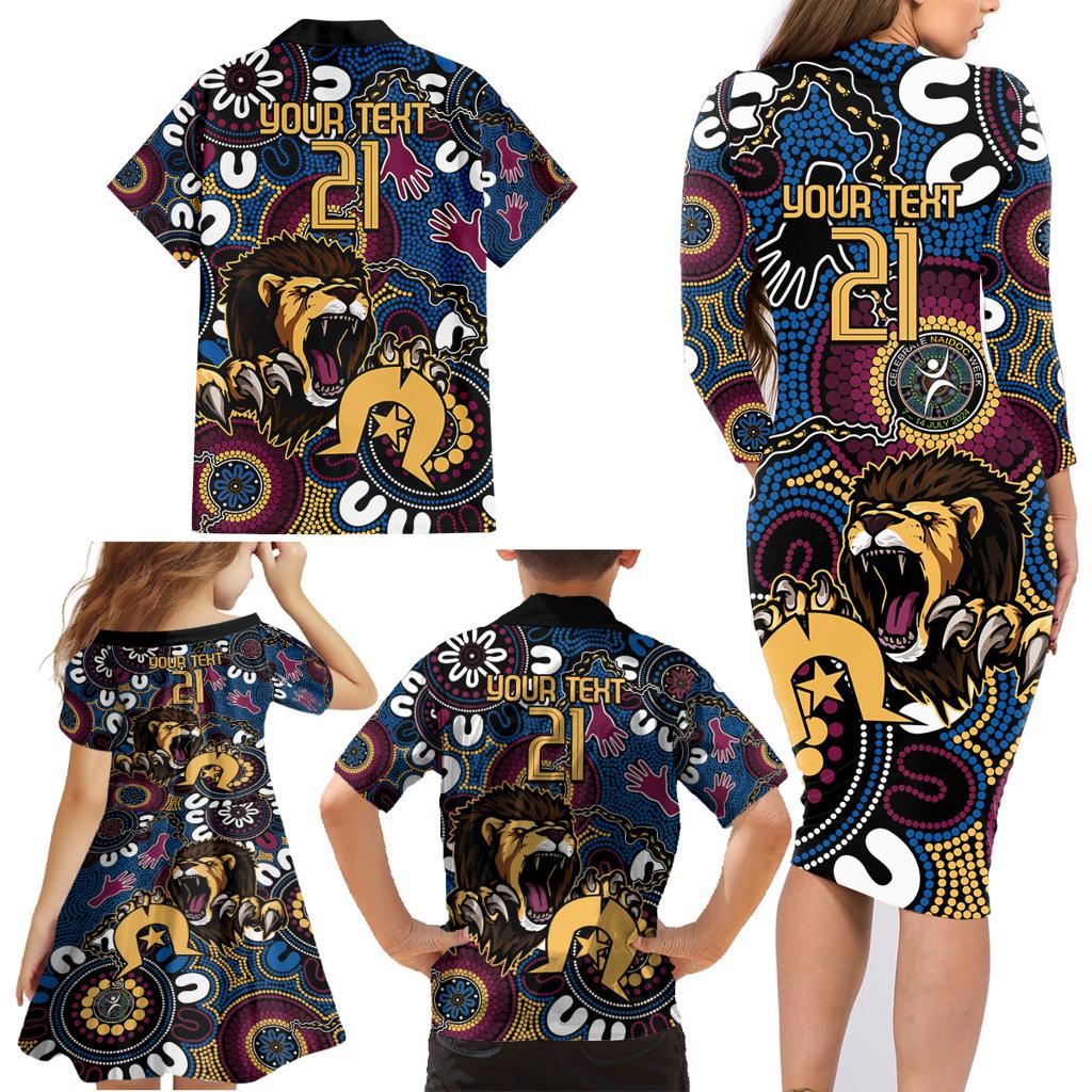 Custom Lions Football NAIDOC Week 2024 Family Matching Long Sleeve Bodycon Dress and Hawaiian Shirt Fire Burning Aboriginal Dots Art