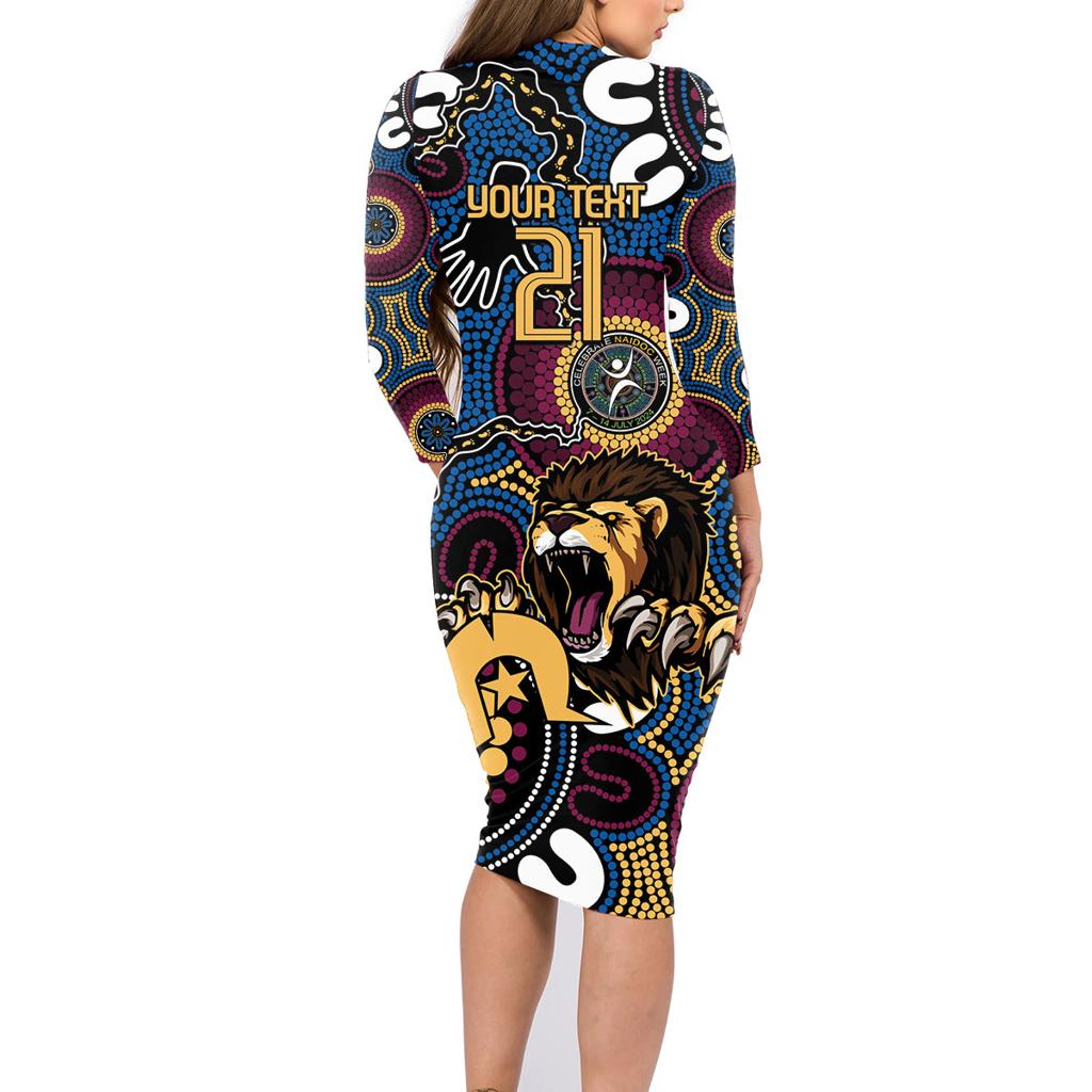 Custom Lions Football NAIDOC Week 2024 Family Matching Long Sleeve Bodycon Dress and Hawaiian Shirt Fire Burning Aboriginal Dots Art