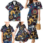 Custom Lions Football NAIDOC Week 2024 Family Matching Mermaid Dress and Hawaiian Shirt Fire Burning Aboriginal Dots Art