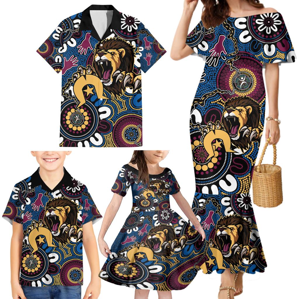 Custom Lions Football NAIDOC Week 2024 Family Matching Mermaid Dress and Hawaiian Shirt Fire Burning Aboriginal Dots Art