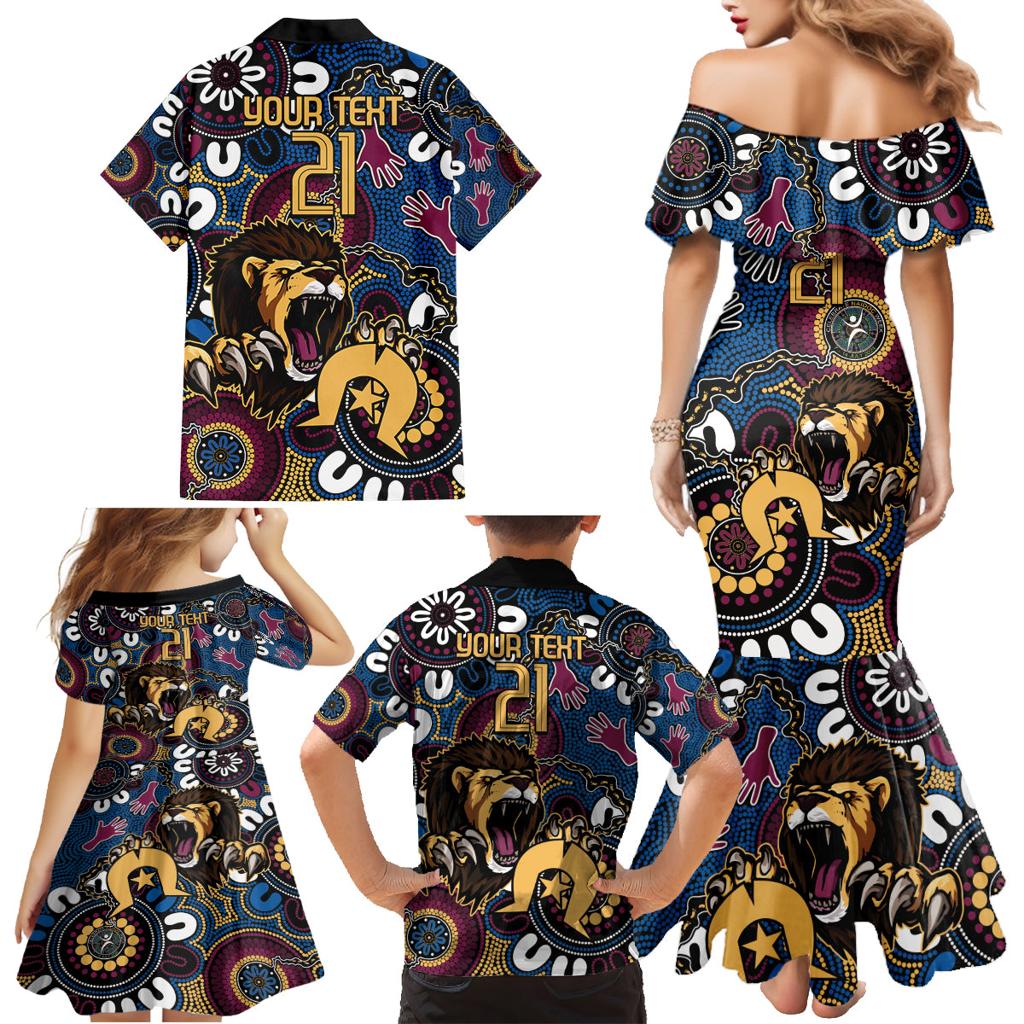 Custom Lions Football NAIDOC Week 2024 Family Matching Mermaid Dress and Hawaiian Shirt Fire Burning Aboriginal Dots Art