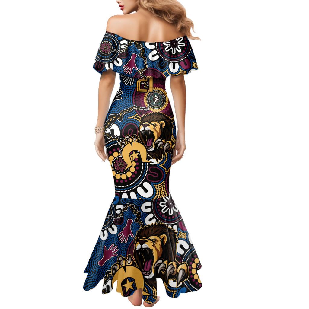Custom Lions Football NAIDOC Week 2024 Family Matching Mermaid Dress and Hawaiian Shirt Fire Burning Aboriginal Dots Art
