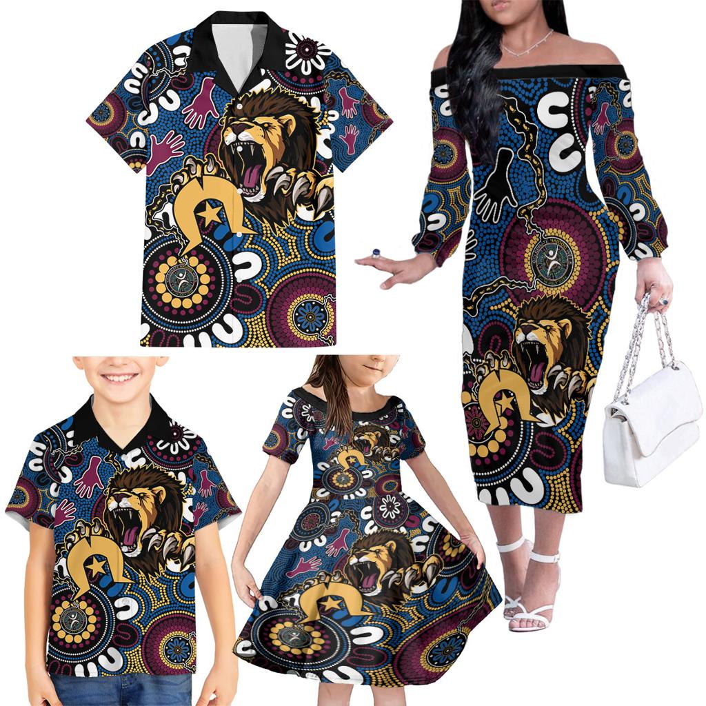 Custom Lions Football NAIDOC Week 2024 Family Matching Off The Shoulder Long Sleeve Dress and Hawaiian Shirt Fire Burning Aboriginal Dots Art