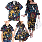Custom Lions Football NAIDOC Week 2024 Family Matching Off The Shoulder Long Sleeve Dress and Hawaiian Shirt Fire Burning Aboriginal Dots Art
