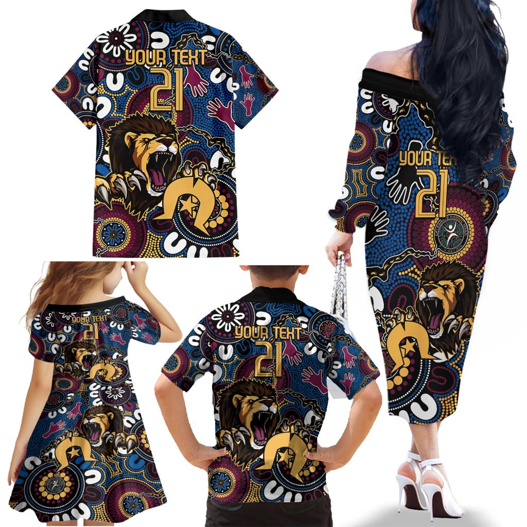 Custom Lions Football NAIDOC Week 2024 Family Matching Off The Shoulder Long Sleeve Dress and Hawaiian Shirt Fire Burning Aboriginal Dots Art