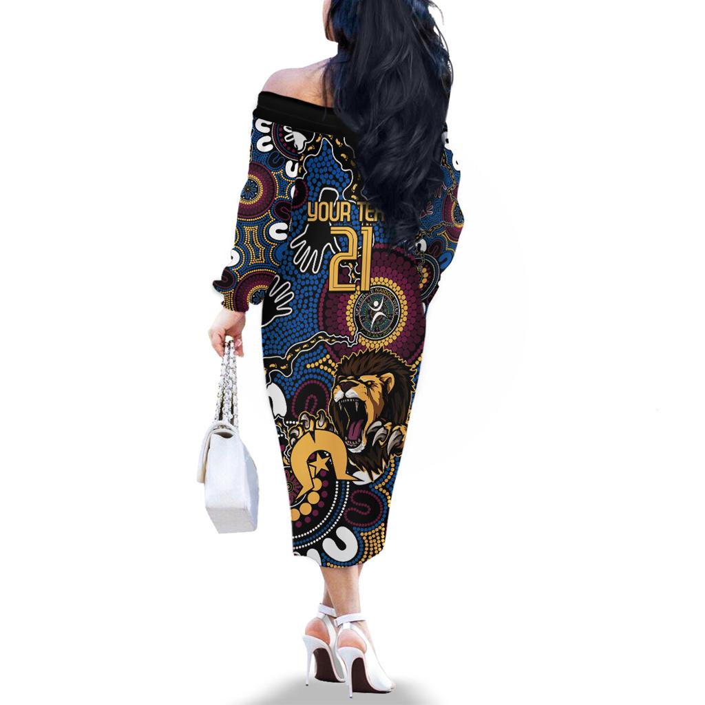 Custom Lions Football NAIDOC Week 2024 Family Matching Off The Shoulder Long Sleeve Dress and Hawaiian Shirt Fire Burning Aboriginal Dots Art