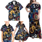 Custom Lions Football NAIDOC Week 2024 Family Matching Off Shoulder Maxi Dress and Hawaiian Shirt Fire Burning Aboriginal Dots Art