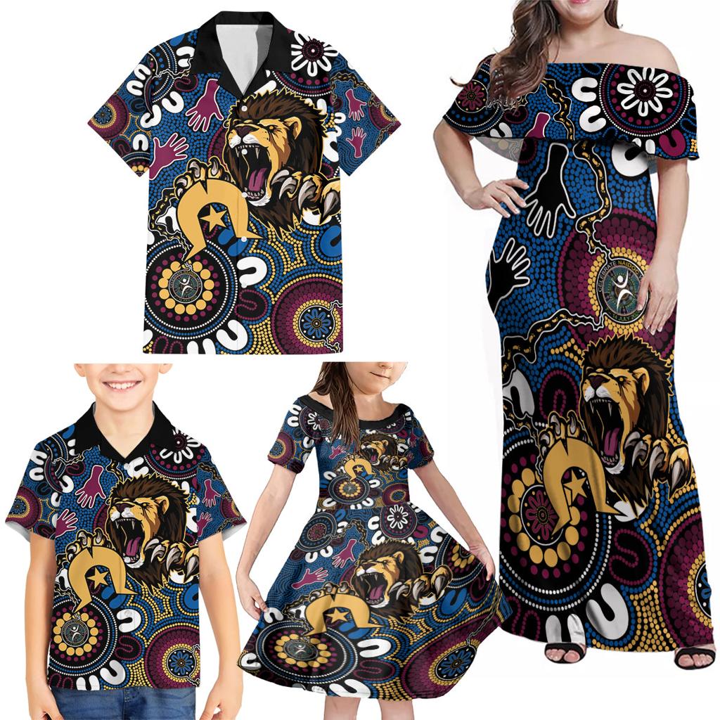 Custom Lions Football NAIDOC Week 2024 Family Matching Off Shoulder Maxi Dress and Hawaiian Shirt Fire Burning Aboriginal Dots Art