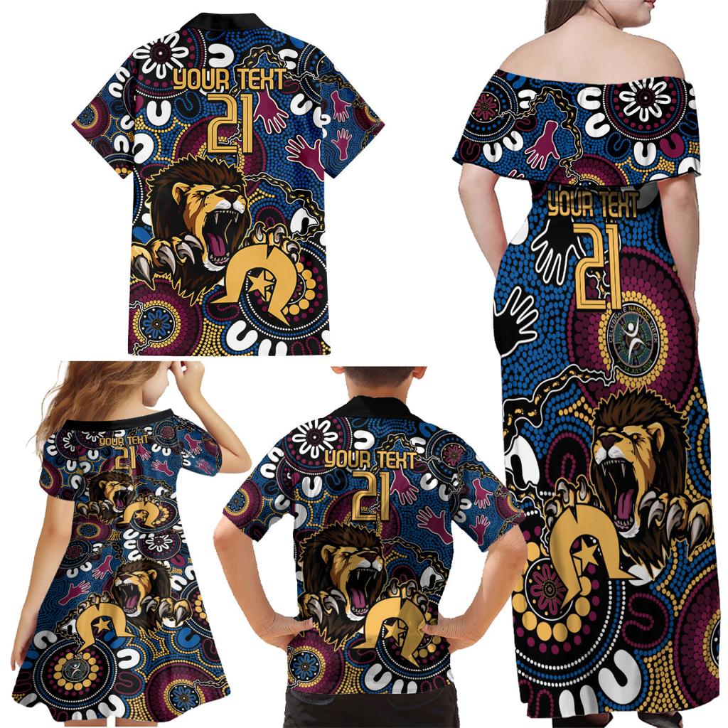 Custom Lions Football NAIDOC Week 2024 Family Matching Off Shoulder Maxi Dress and Hawaiian Shirt Fire Burning Aboriginal Dots Art