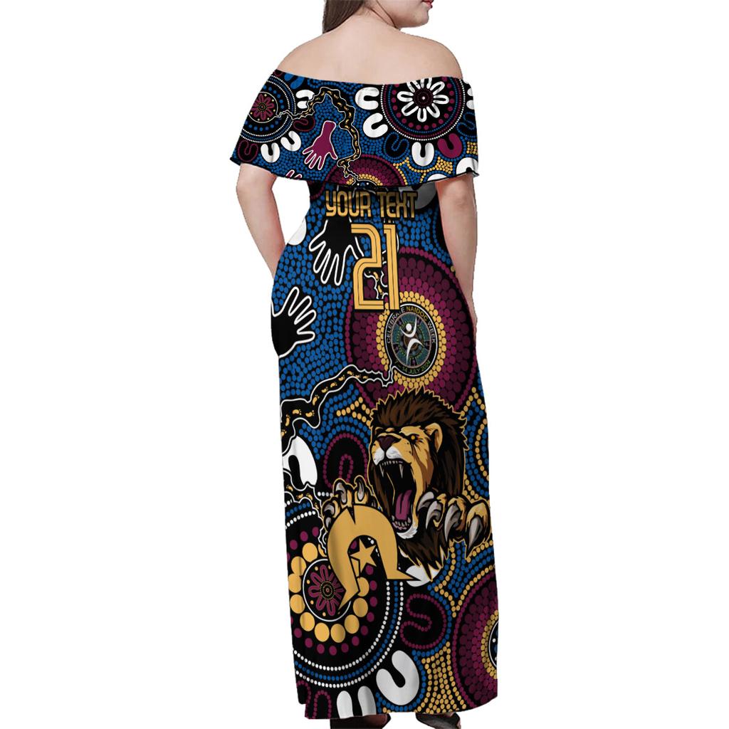 Custom Lions Football NAIDOC Week 2024 Family Matching Off Shoulder Maxi Dress and Hawaiian Shirt Fire Burning Aboriginal Dots Art