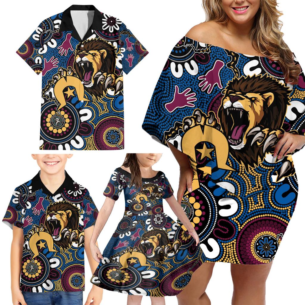 Custom Lions Football NAIDOC Week 2024 Family Matching Off Shoulder Short Dress and Hawaiian Shirt Fire Burning Aboriginal Dots Art