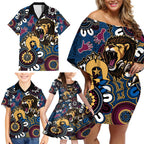 Custom Lions Football NAIDOC Week 2024 Family Matching Off Shoulder Short Dress and Hawaiian Shirt Fire Burning Aboriginal Dots Art