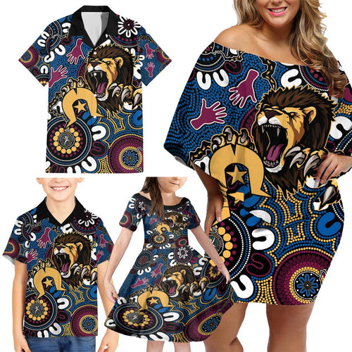 Custom Lions Football NAIDOC Week 2024 Family Matching Off Shoulder Short Dress and Hawaiian Shirt Fire Burning Aboriginal Dots Art