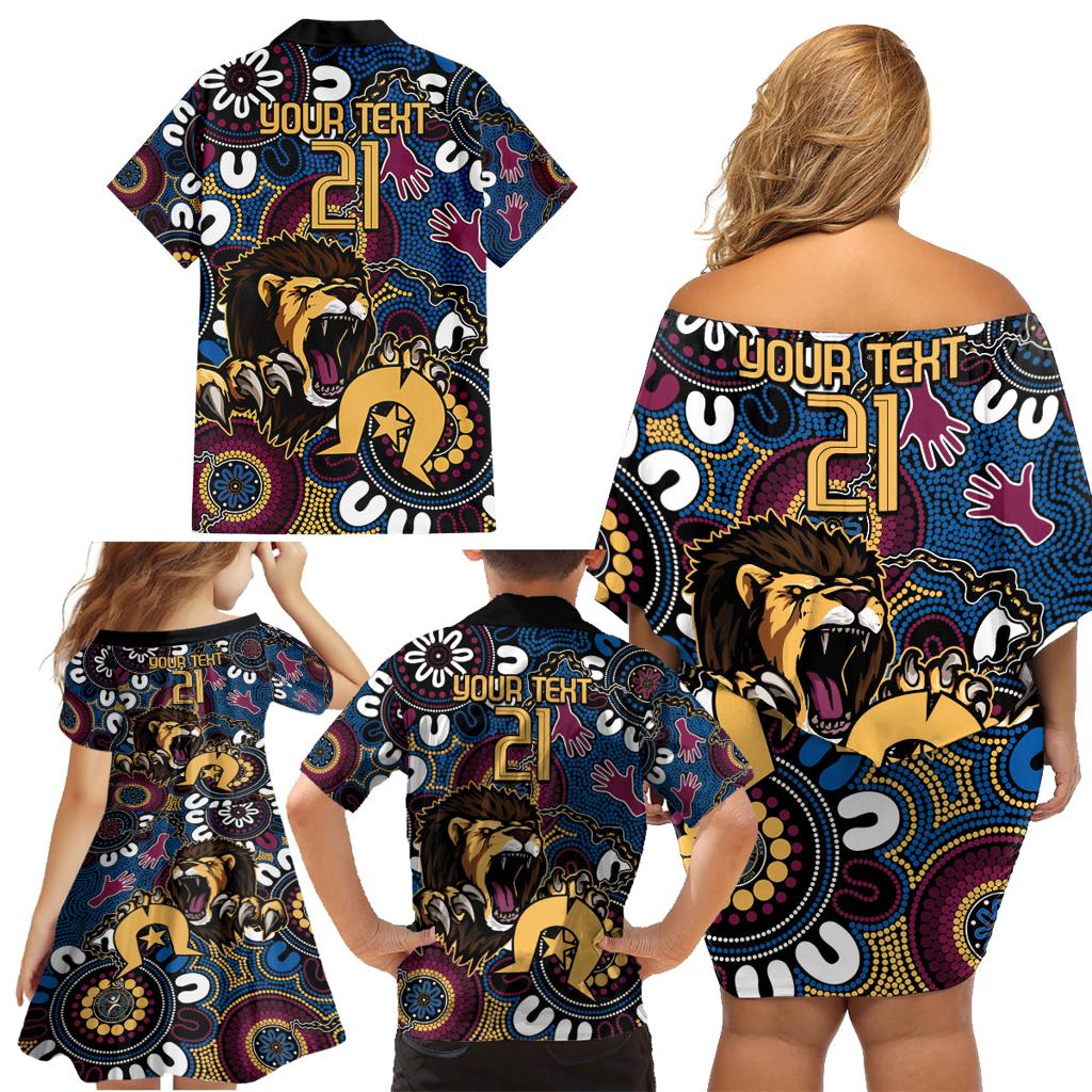 Custom Lions Football NAIDOC Week 2024 Family Matching Off Shoulder Short Dress and Hawaiian Shirt Fire Burning Aboriginal Dots Art