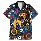Custom Lions Football NAIDOC Week 2024 Family Matching Off Shoulder Short Dress and Hawaiian Shirt Fire Burning Aboriginal Dots Art