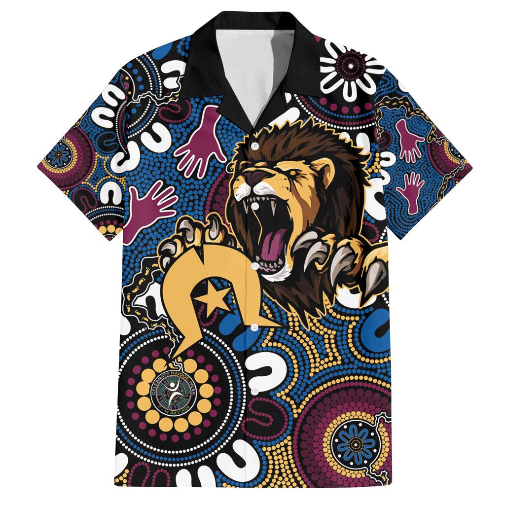 Custom Lions Football NAIDOC Week 2024 Family Matching Off Shoulder Short Dress and Hawaiian Shirt Fire Burning Aboriginal Dots Art