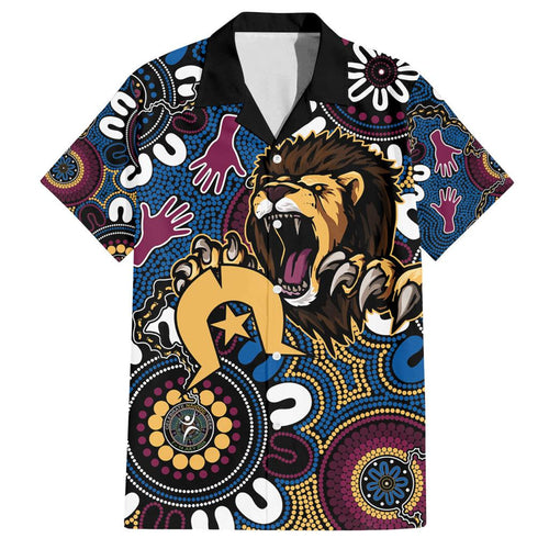 Custom Lions Football NAIDOC Week 2024 Family Matching Off Shoulder Short Dress and Hawaiian Shirt Fire Burning Aboriginal Dots Art