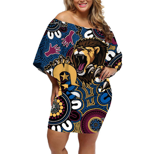 Custom Lions Football NAIDOC Week 2024 Family Matching Off Shoulder Short Dress and Hawaiian Shirt Fire Burning Aboriginal Dots Art