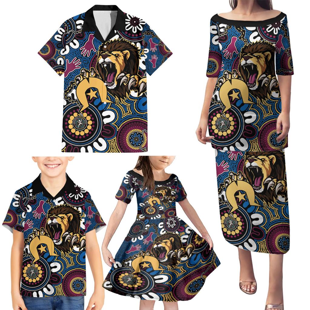 Custom Lions Football NAIDOC Week 2024 Family Matching Puletasi and Hawaiian Shirt Fire Burning Aboriginal Dots Art