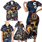 Custom Lions Football NAIDOC Week 2024 Family Matching Short Sleeve Bodycon Dress and Hawaiian Shirt Fire Burning Aboriginal Dots Art