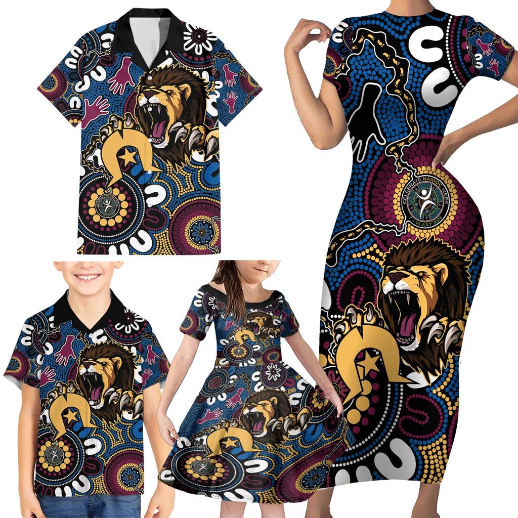 Custom Lions Football NAIDOC Week 2024 Family Matching Short Sleeve Bodycon Dress and Hawaiian Shirt Fire Burning Aboriginal Dots Art