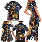 Custom Lions Football NAIDOC Week 2024 Family Matching Short Sleeve Bodycon Dress and Hawaiian Shirt Fire Burning Aboriginal Dots Art