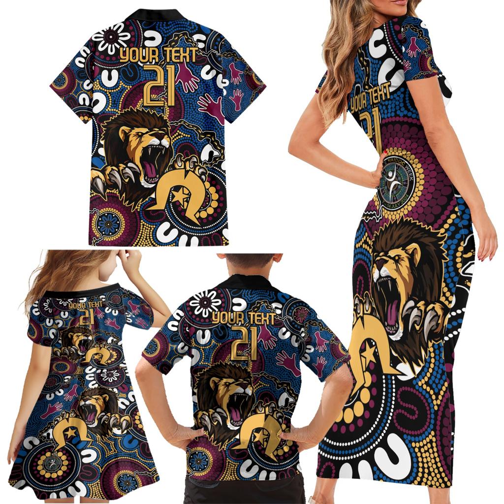 Custom Lions Football NAIDOC Week 2024 Family Matching Short Sleeve Bodycon Dress and Hawaiian Shirt Fire Burning Aboriginal Dots Art