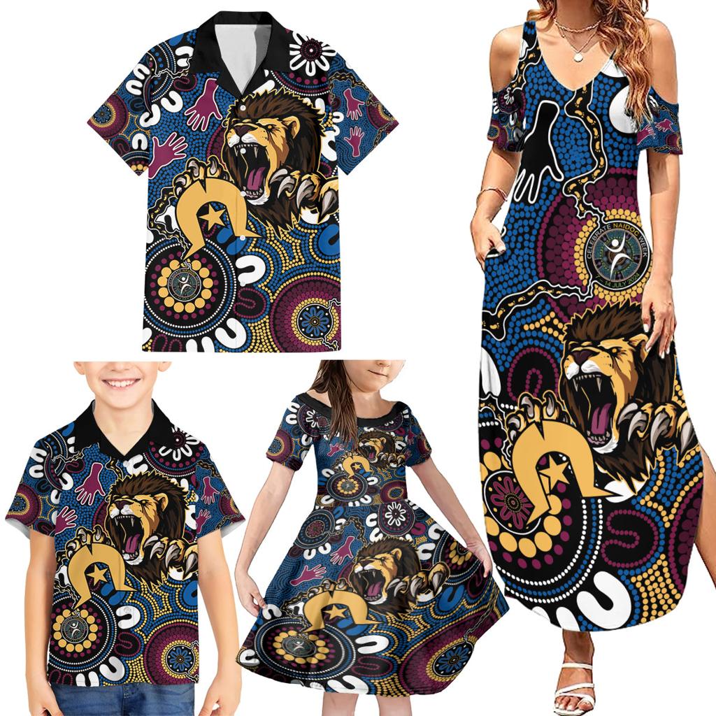 Custom Lions Football NAIDOC Week 2024 Family Matching Summer Maxi Dress and Hawaiian Shirt Fire Burning Aboriginal Dots Art