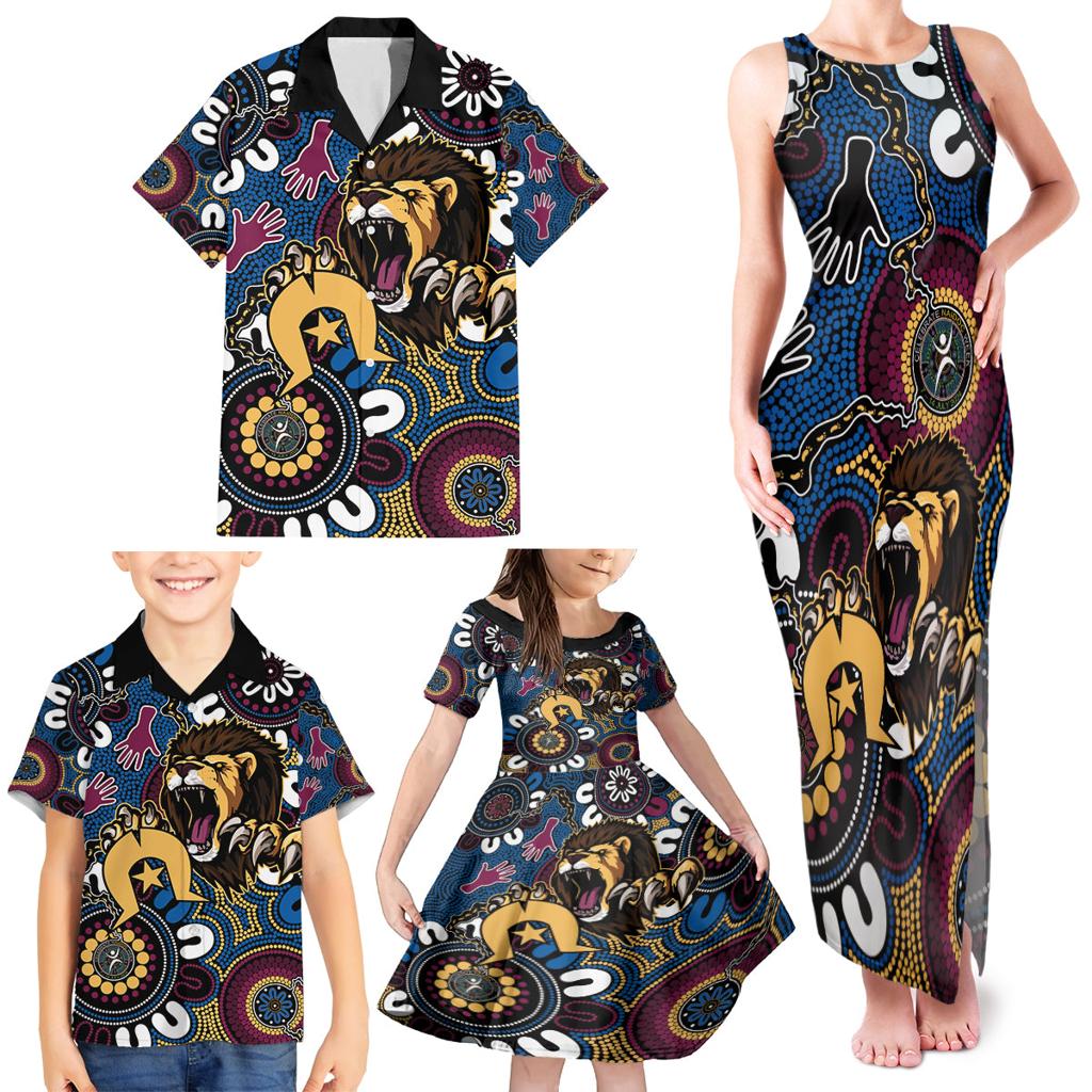 Custom Lions Football NAIDOC Week 2024 Family Matching Tank Maxi Dress and Hawaiian Shirt Fire Burning Aboriginal Dots Art