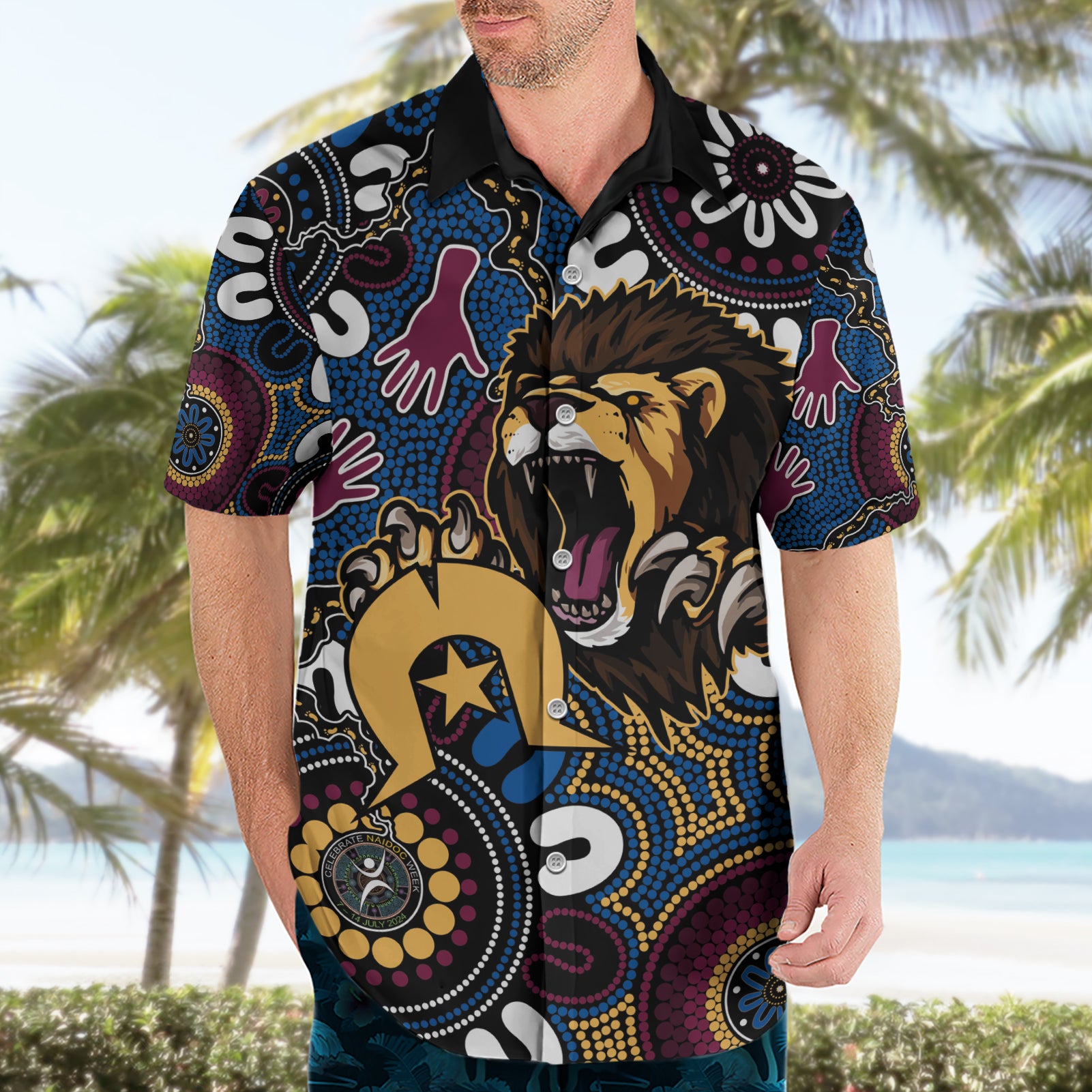 Custom Lions Football NAIDOC Week 2024 Hawaiian Shirt Fire Burning Aboriginal Dots Art