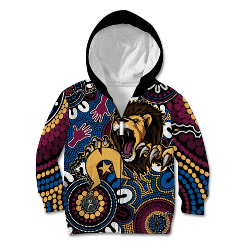 Custom Lions Football NAIDOC Week 2024 Kid Hoodie Fire Burning Aboriginal Dots Art