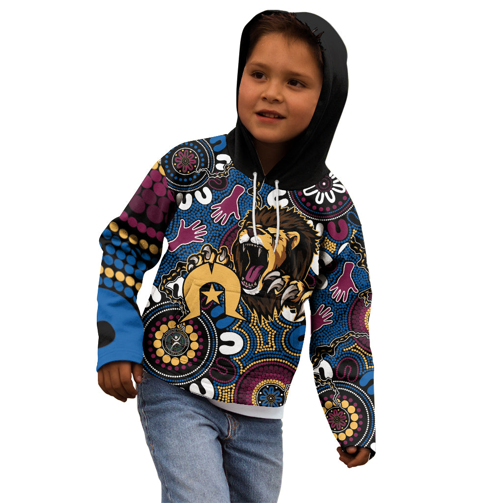 Custom Lions Football NAIDOC Week 2024 Kid Hoodie Fire Burning Aboriginal Dots Art