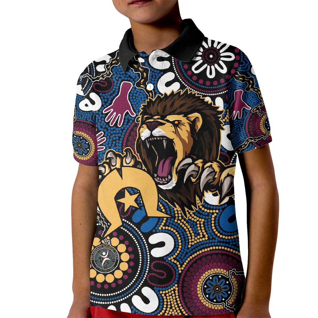 Custom Lions Football NAIDOC Week 2024 Kid Polo Shirt Fire Burning Aboriginal Dots Art