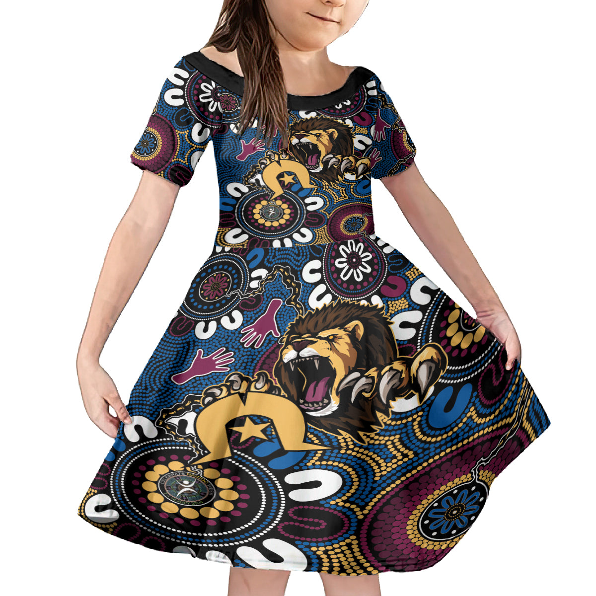 Custom Lions Football NAIDOC Week 2024 Kid Short Sleeve Dress Fire Burning Aboriginal Dots Art