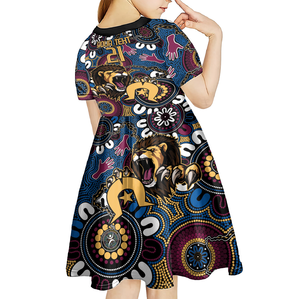 Custom Lions Football NAIDOC Week 2024 Kid Short Sleeve Dress Fire Burning Aboriginal Dots Art