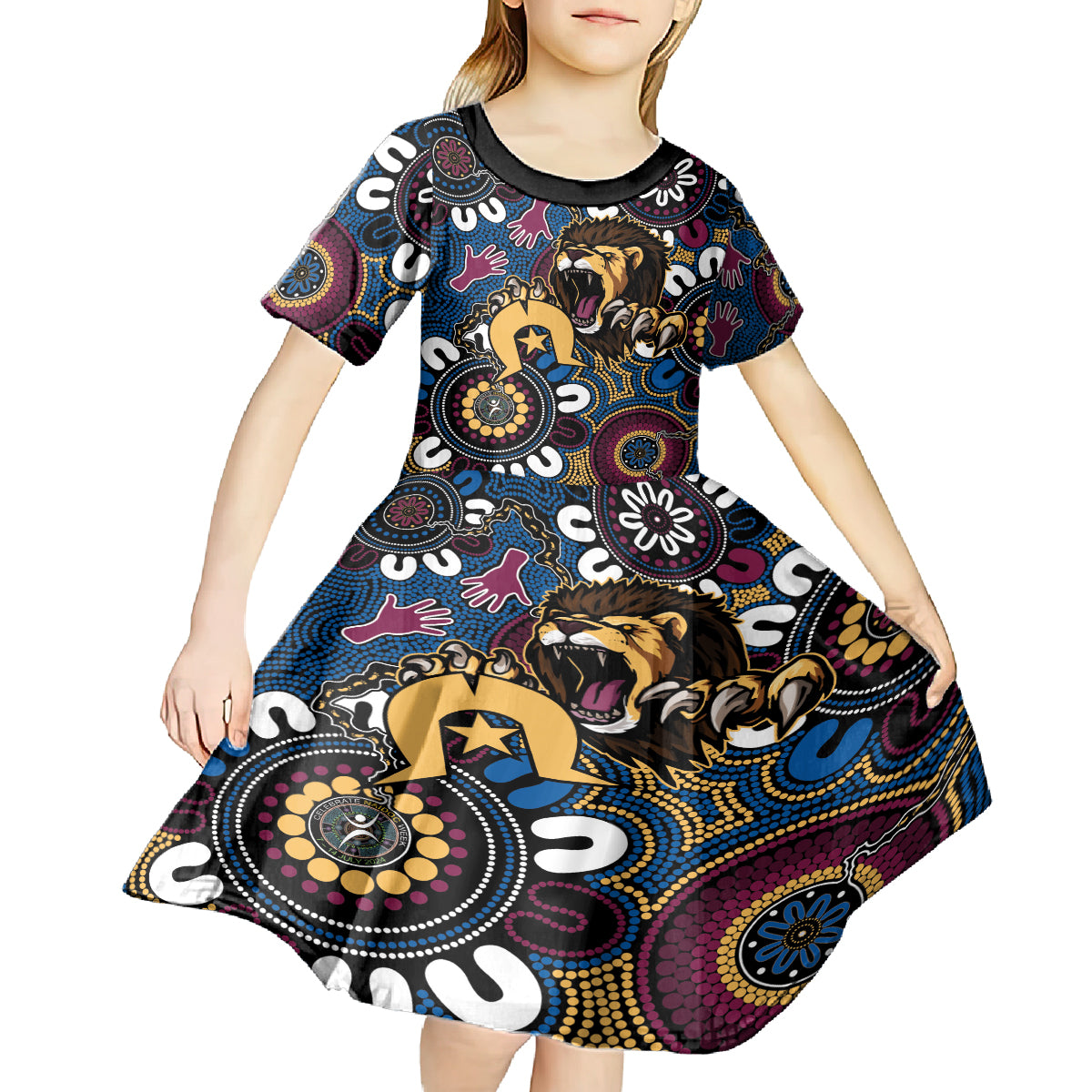 Custom Lions Football NAIDOC Week 2024 Kid Short Sleeve Dress Fire Burning Aboriginal Dots Art