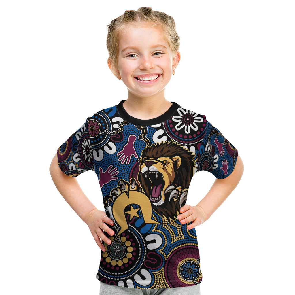 Custom Lions Football NAIDOC Week 2024 Kid T Shirt Fire Burning Aboriginal Dots Art