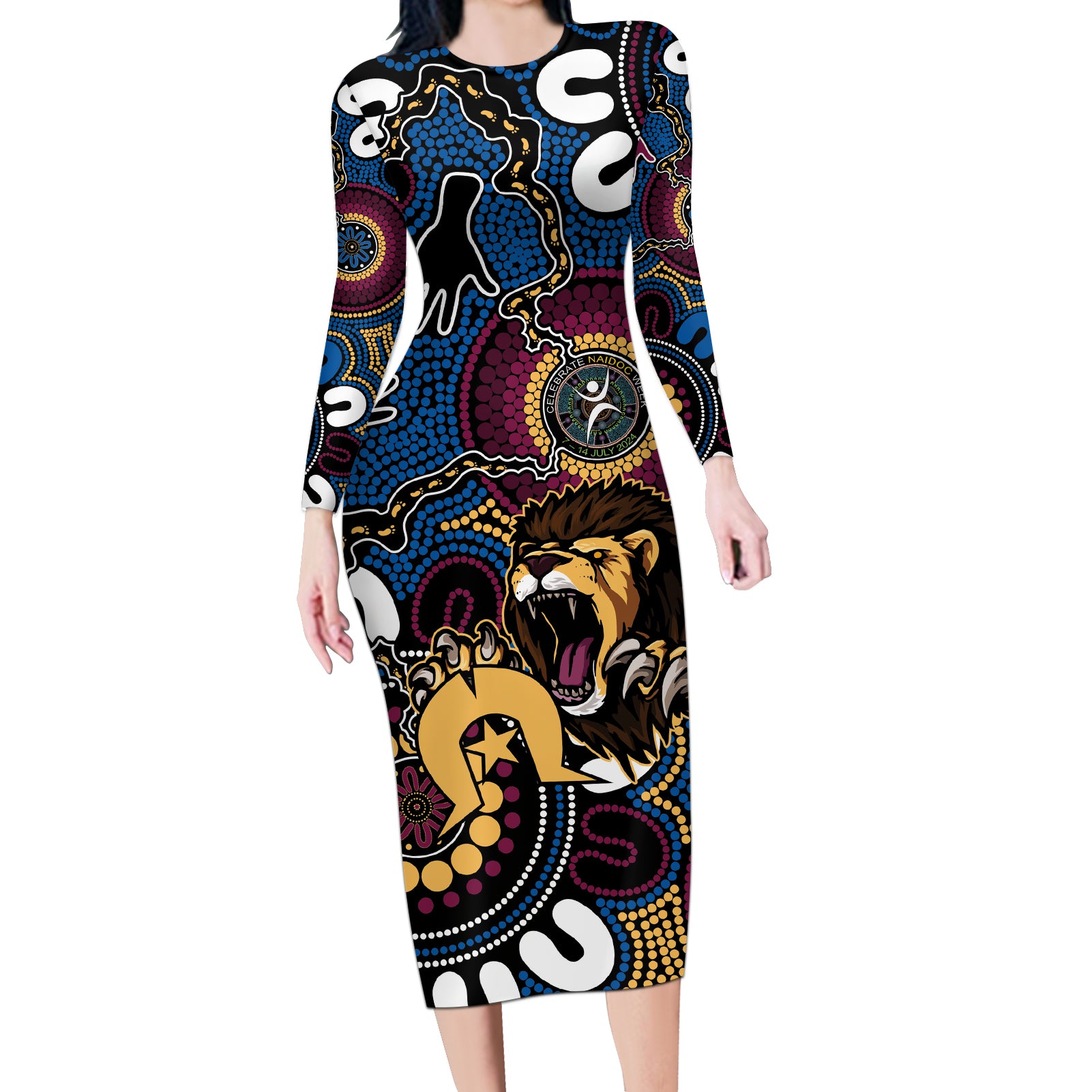 Custom Lions Football NAIDOC Week 2024 Long Sleeve Bodycon Dress Fire Burning Aboriginal Dots Art