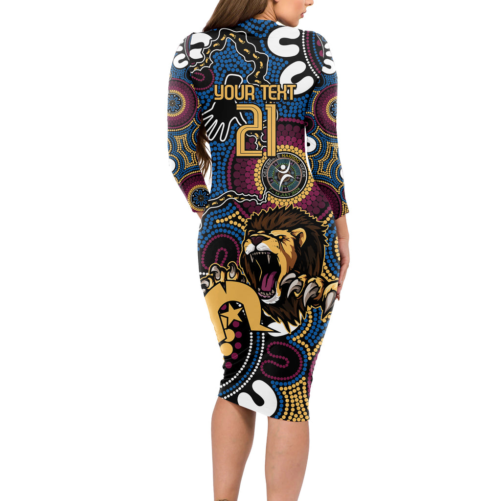 Custom Lions Football NAIDOC Week 2024 Long Sleeve Bodycon Dress Fire Burning Aboriginal Dots Art