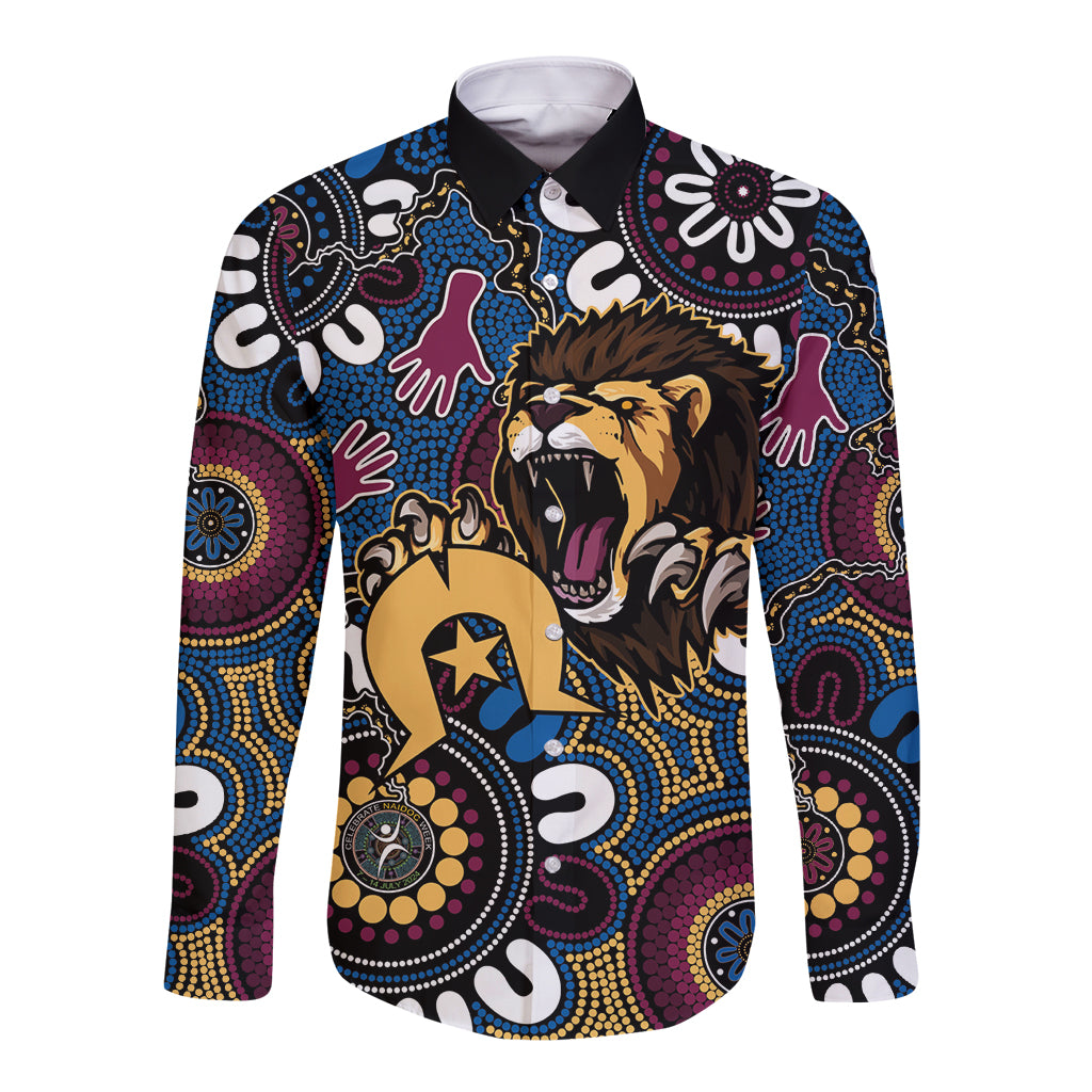 Custom Lions Football NAIDOC Week 2024 Long Sleeve Button Shirt Fire Burning Aboriginal Dots Art