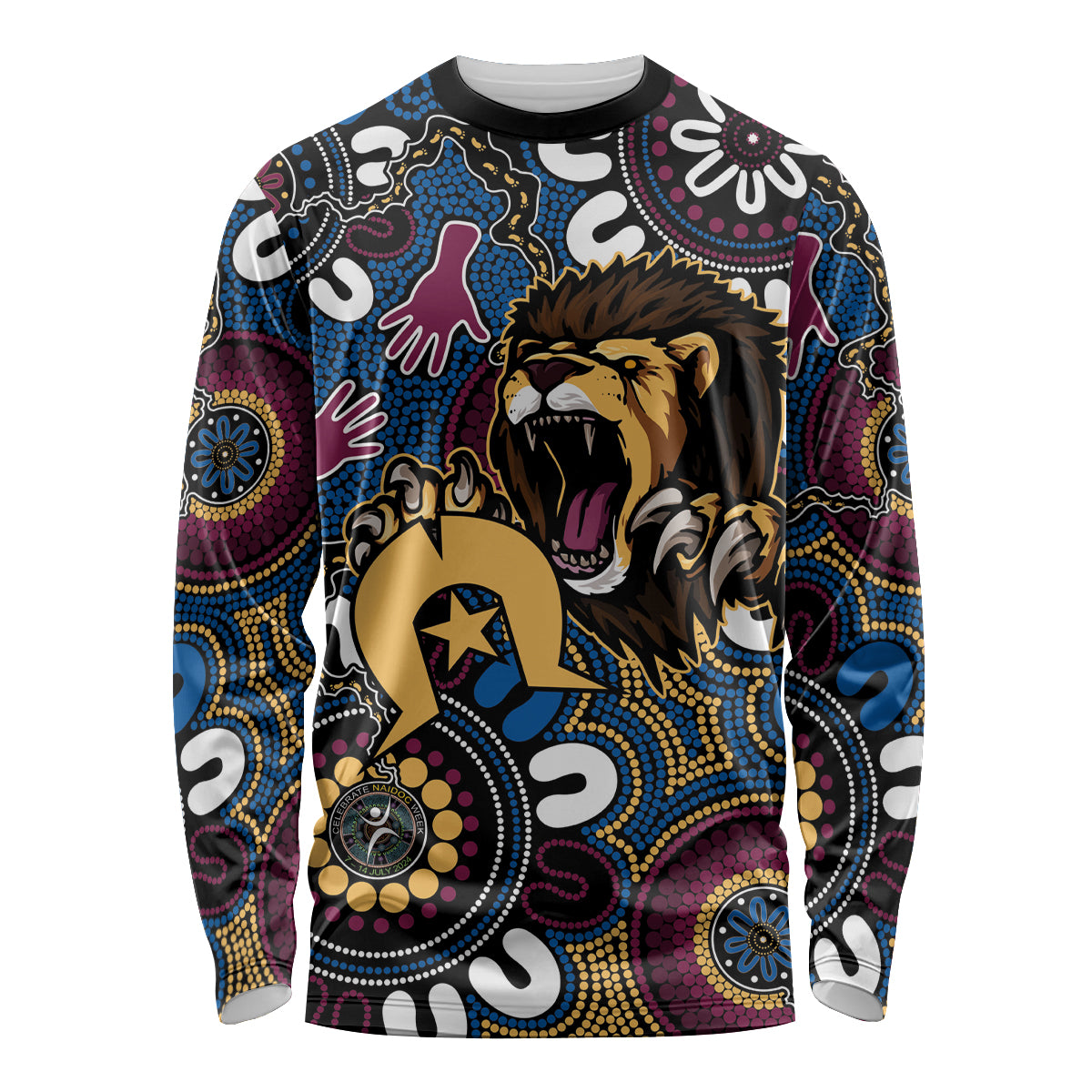 Custom Lions Football NAIDOC Week 2024 Long Sleeve Shirt Fire Burning Aboriginal Dots Art