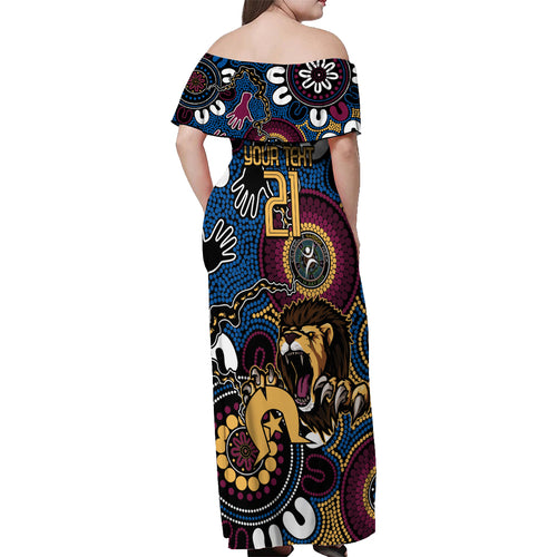 Custom Lions Football NAIDOC Week 2024 Off Shoulder Maxi Dress Fire Burning Aboriginal Dots Art